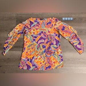 Lauren Ralph Lauren 100% Silk Paisley Multi Color Blouse Tunic 3/4 Sleeve
